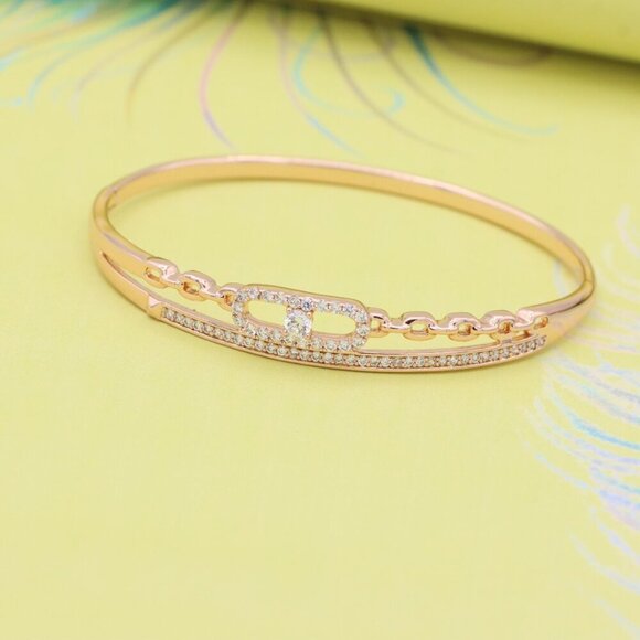 Elegant Chain Link Rose Gold Bangle with Pave Stone Center, XPBL0446 - Picture 6 of 11